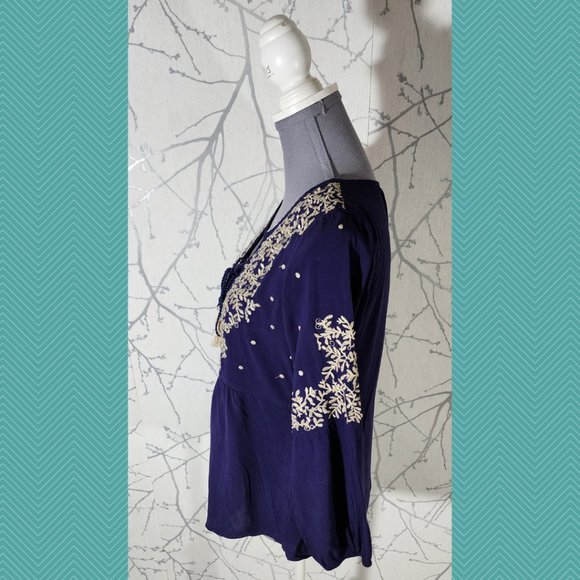 Solitaire Purple Gold Floral Embroidered Tie Front Peasant Blouse - Picture 3 of 5